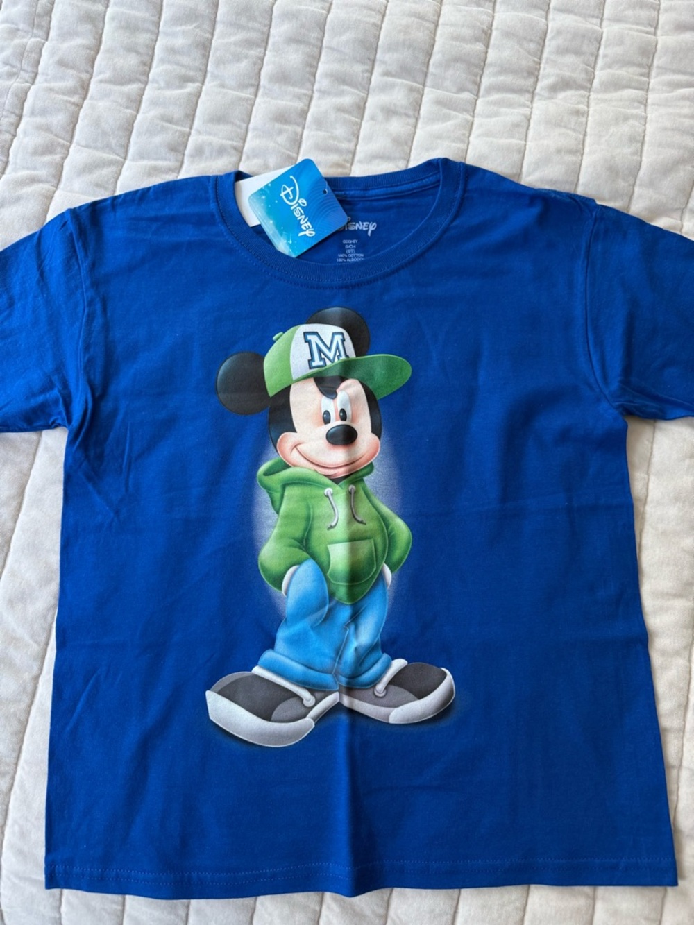 Disney Blue T‑Shirt with Mickey Mouse in Green Hoodie